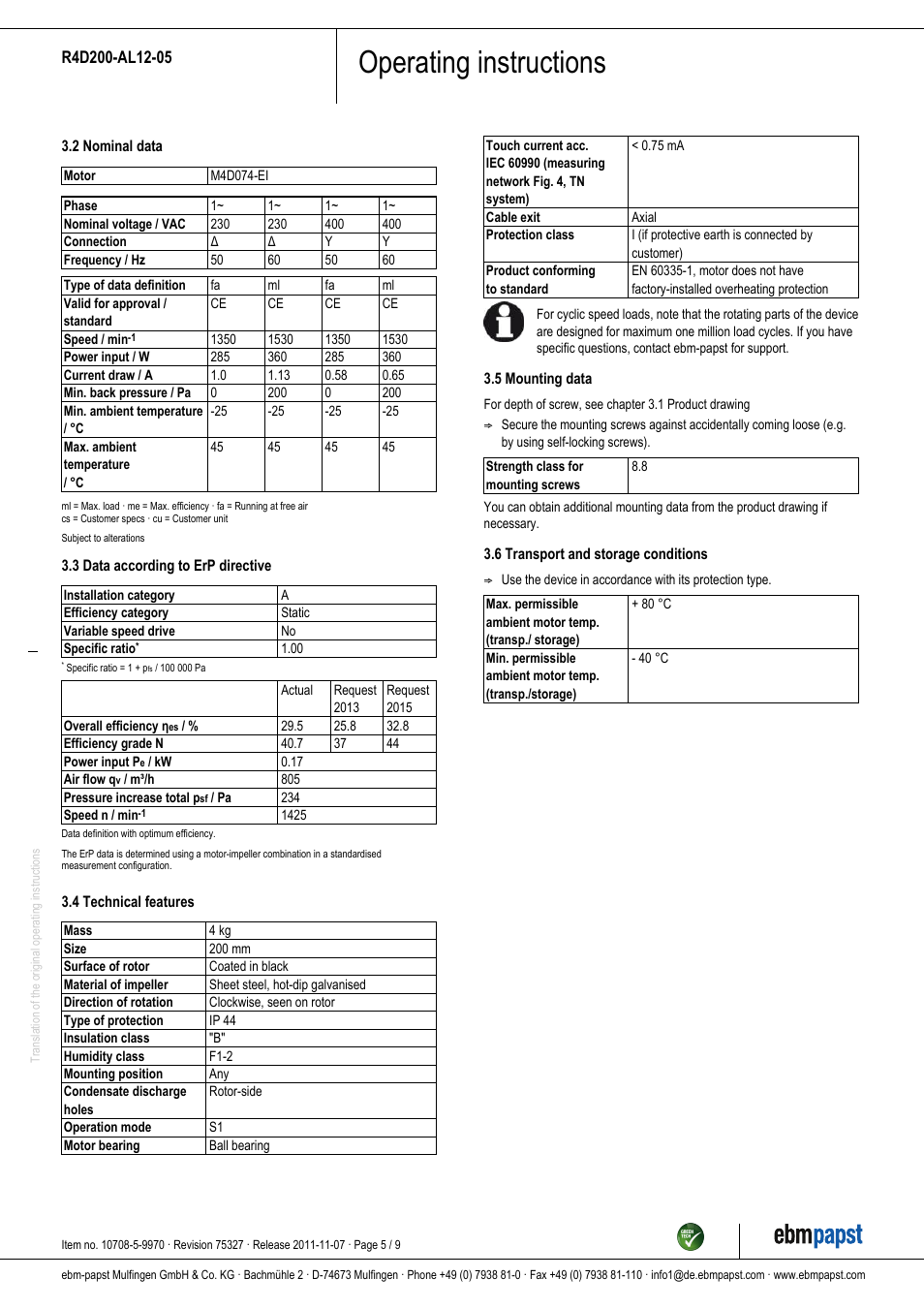 Operating instructions | ebm-papst R4D200-AL12-05 User Manual | Page 5 / 9