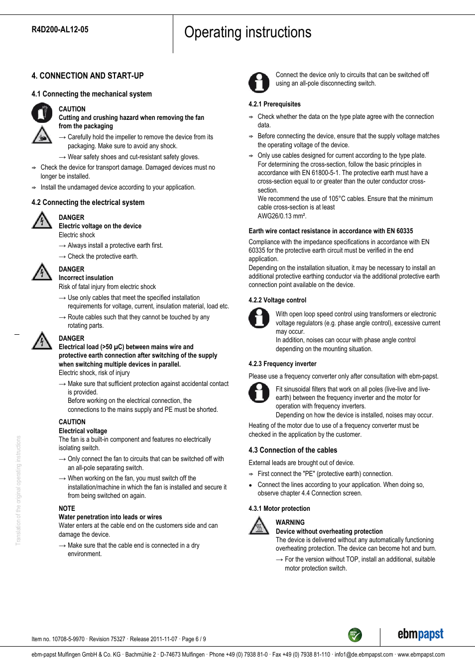Operating instructions | ebm-papst R4D200-AL12-05 User Manual | Page 6 / 9