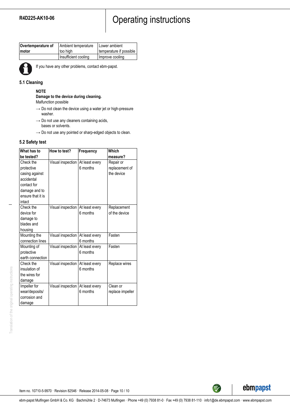 Operating instructions | ebm-papst R4D225-AK10-06 User Manual | Page 10 / 10
