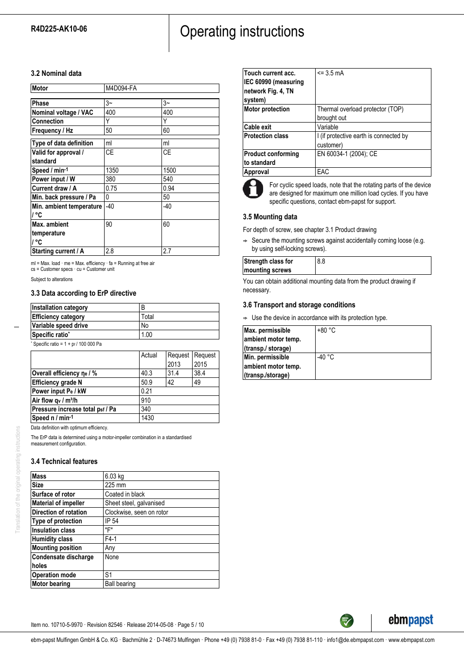 Operating instructions | ebm-papst R4D225-AK10-06 User Manual | Page 5 / 10