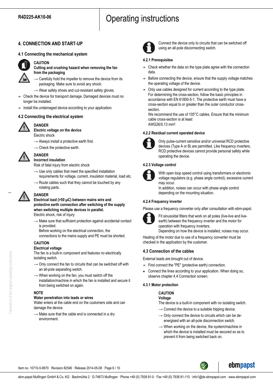 Operating instructions | ebm-papst R4D225-AK10-06 User Manual | Page 6 / 10