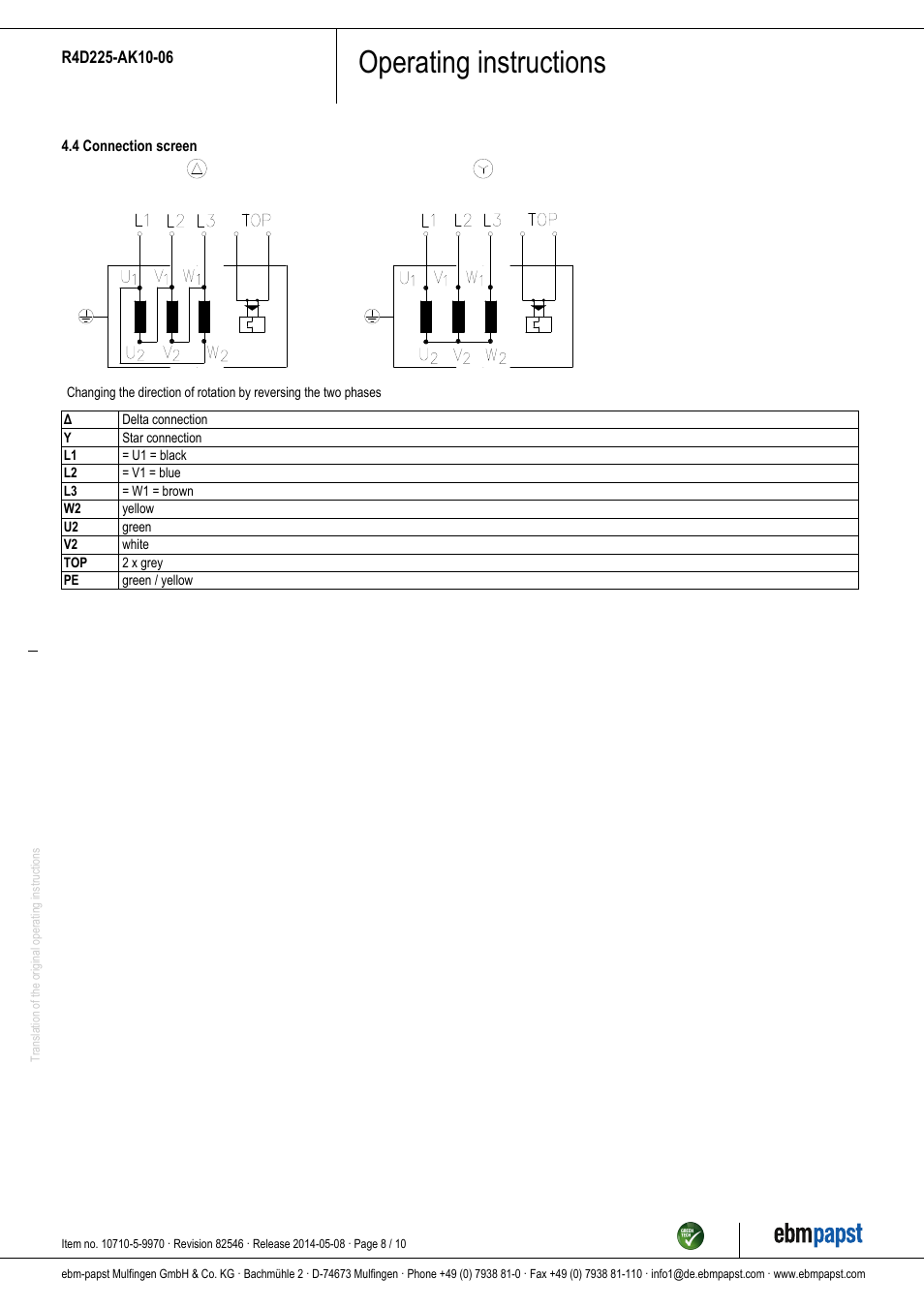 Operating instructions | ebm-papst R4D225-AK10-06 User Manual | Page 8 / 10