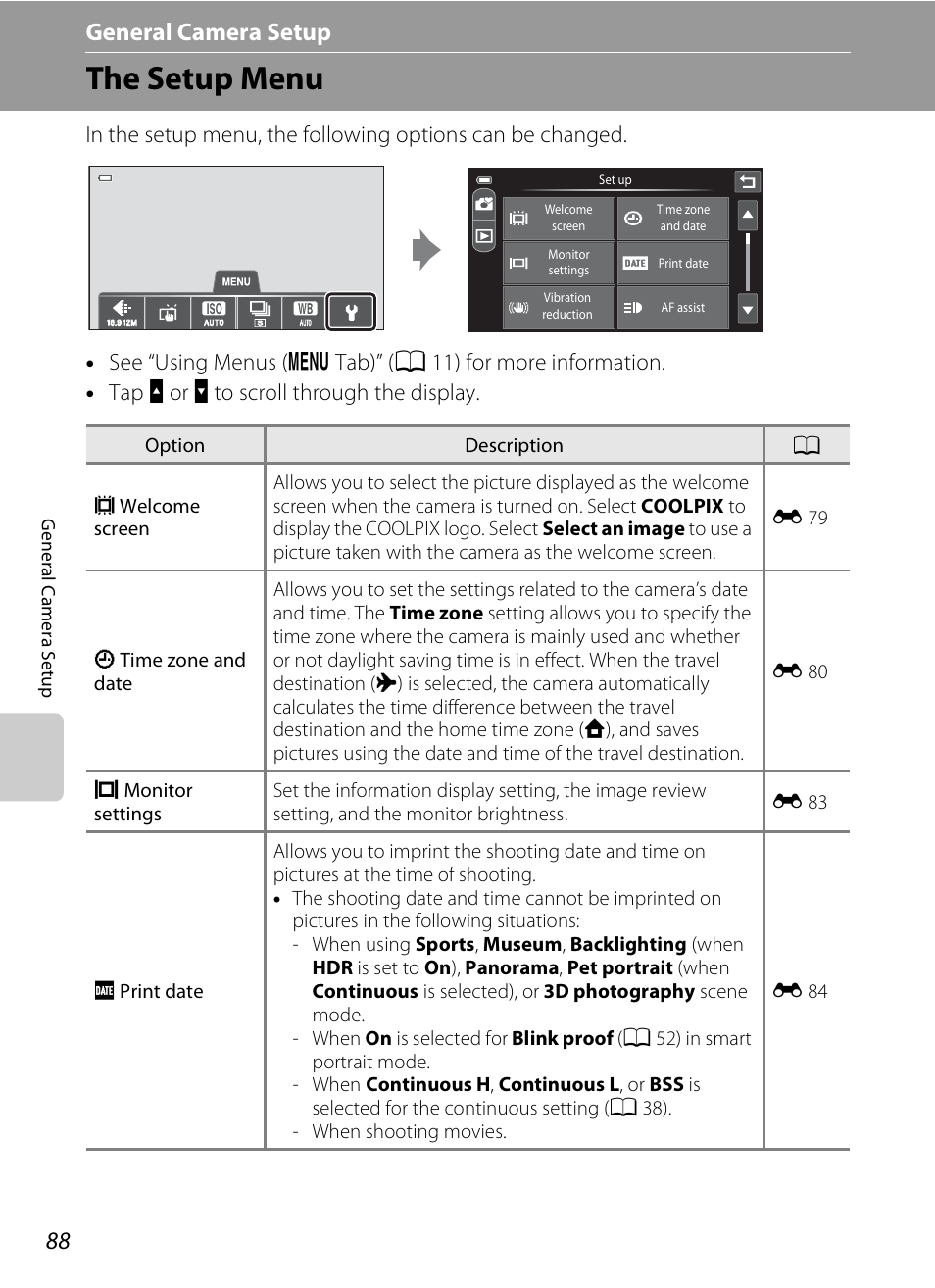 The setup menu, A 88), A 88 | Nu (a 88), Nu (a 88) t, A 88) t, General camera setup | COOLPIX by Nikon S100 User Manual | Page 106 / 236