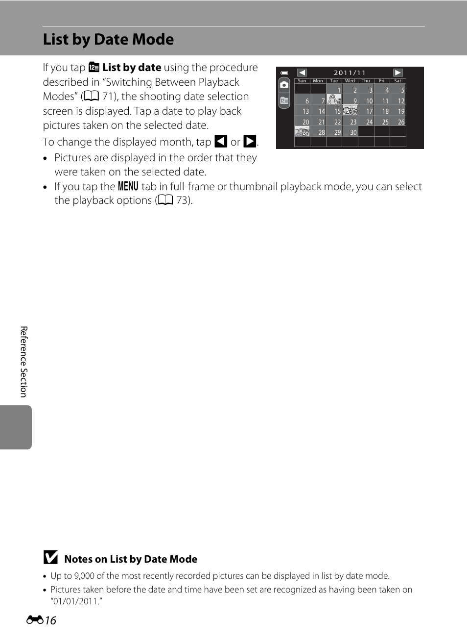 List by date mode, E 16 | COOLPIX by Nikon S100 User Manual | Page 124 / 236