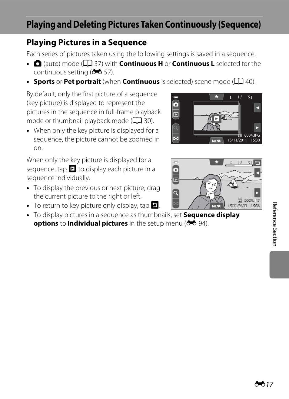 Playing pictures in a sequence, E 17 | COOLPIX by Nikon S100 User Manual | Page 125 / 236