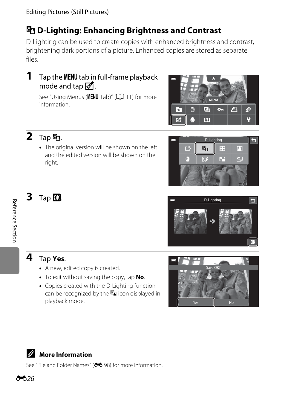 D-lighting: enhancing brightness and contrast, I d-lighting: enhancing brightness and contrast, E 26) | COOLPIX by Nikon S100 User Manual | Page 134 / 236