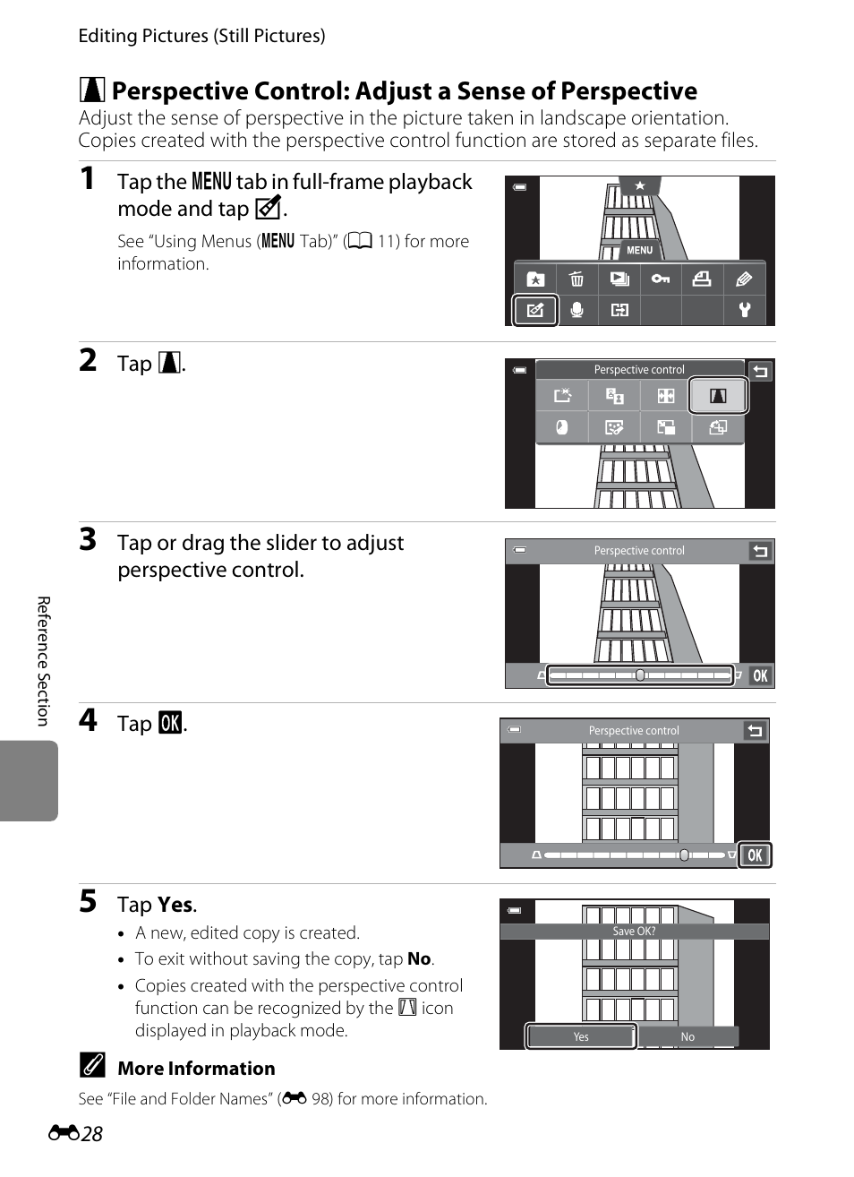 Perspective control: adjust a sense of perspective, E 28) | COOLPIX by Nikon S100 User Manual | Page 136 / 236