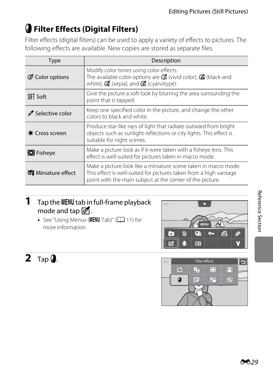 Filter effects (digital filters), E 29), I filter effects (digital filters) | COOLPIX by Nikon S100 User Manual | Page 137 / 236