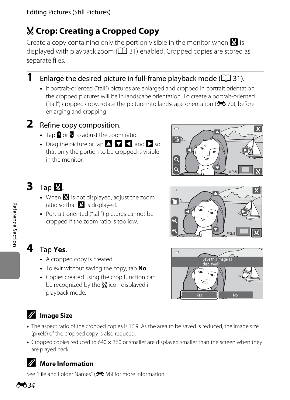 Crop: creating a cropped copy, O crop: creating a cropped copy, E 34) | COOLPIX by Nikon S100 User Manual | Page 142 / 236