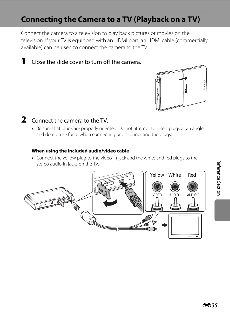 Connecting the camera to a tv (playback on a tv), E 35, E 35) | COOLPIX by Nikon S100 User Manual | Page 143 / 236