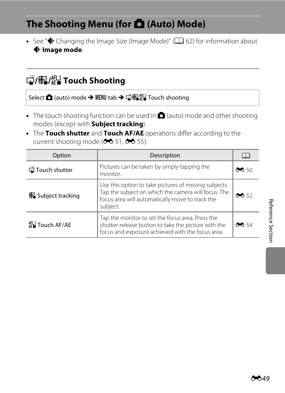 The shooting menu (for auto mode), Touch shooting, The shooting menu (for a (auto) mode) | E 49, Q / s / r touch shooting | COOLPIX by Nikon S100 User Manual | Page 157 / 236