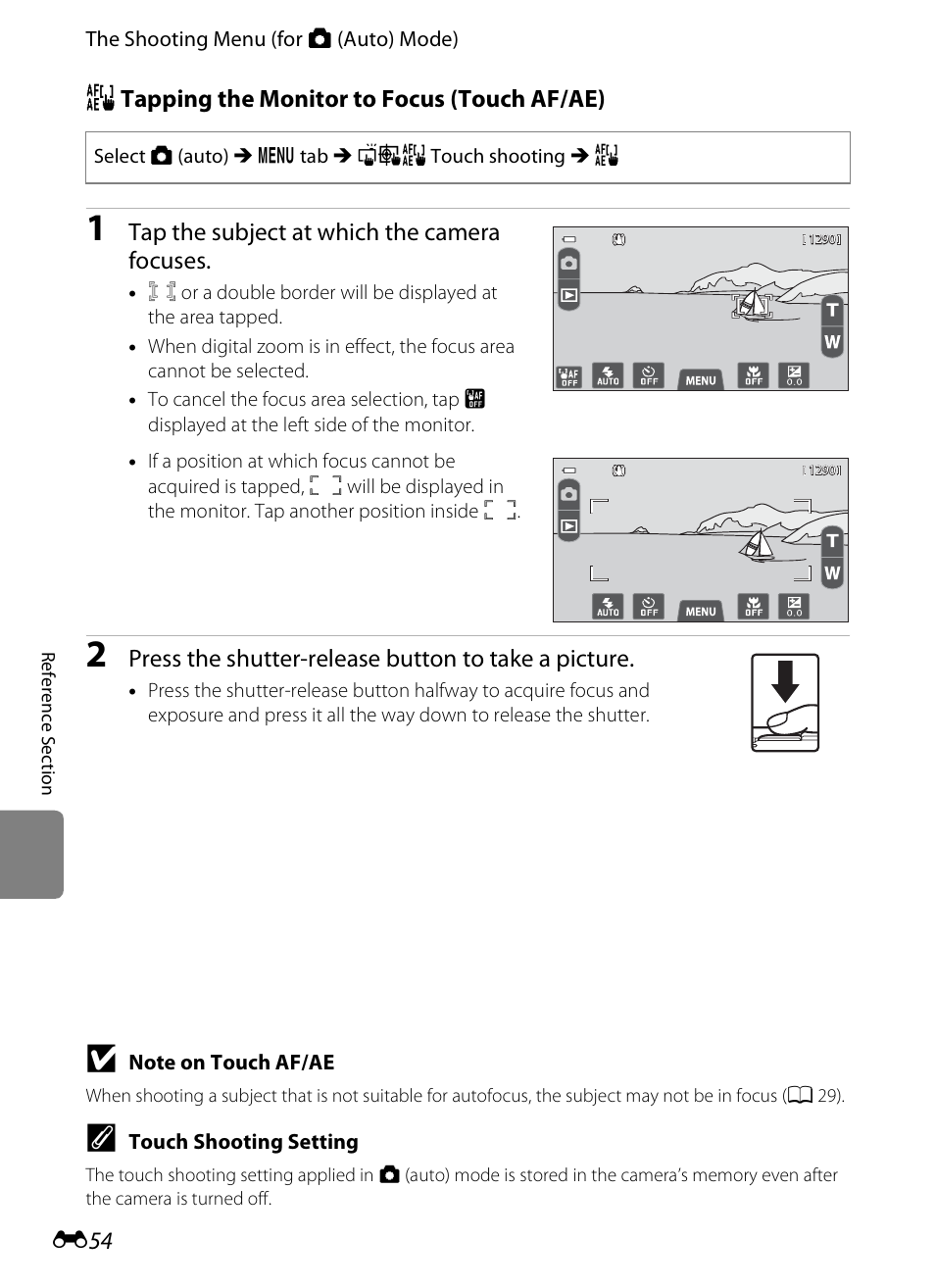 E 54, E 54), R tapping the monitor to focus (touch af/ae) | Tap the subject at which the camera focuses, Press the shutter-release button to take a picture | COOLPIX by Nikon S100 User Manual | Page 162 / 236