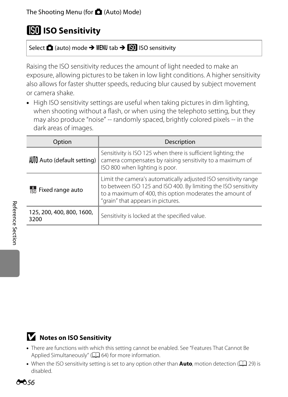 Iso sensitivity, E 56, X iso sensitivity | COOLPIX by Nikon S100 User Manual | Page 164 / 236