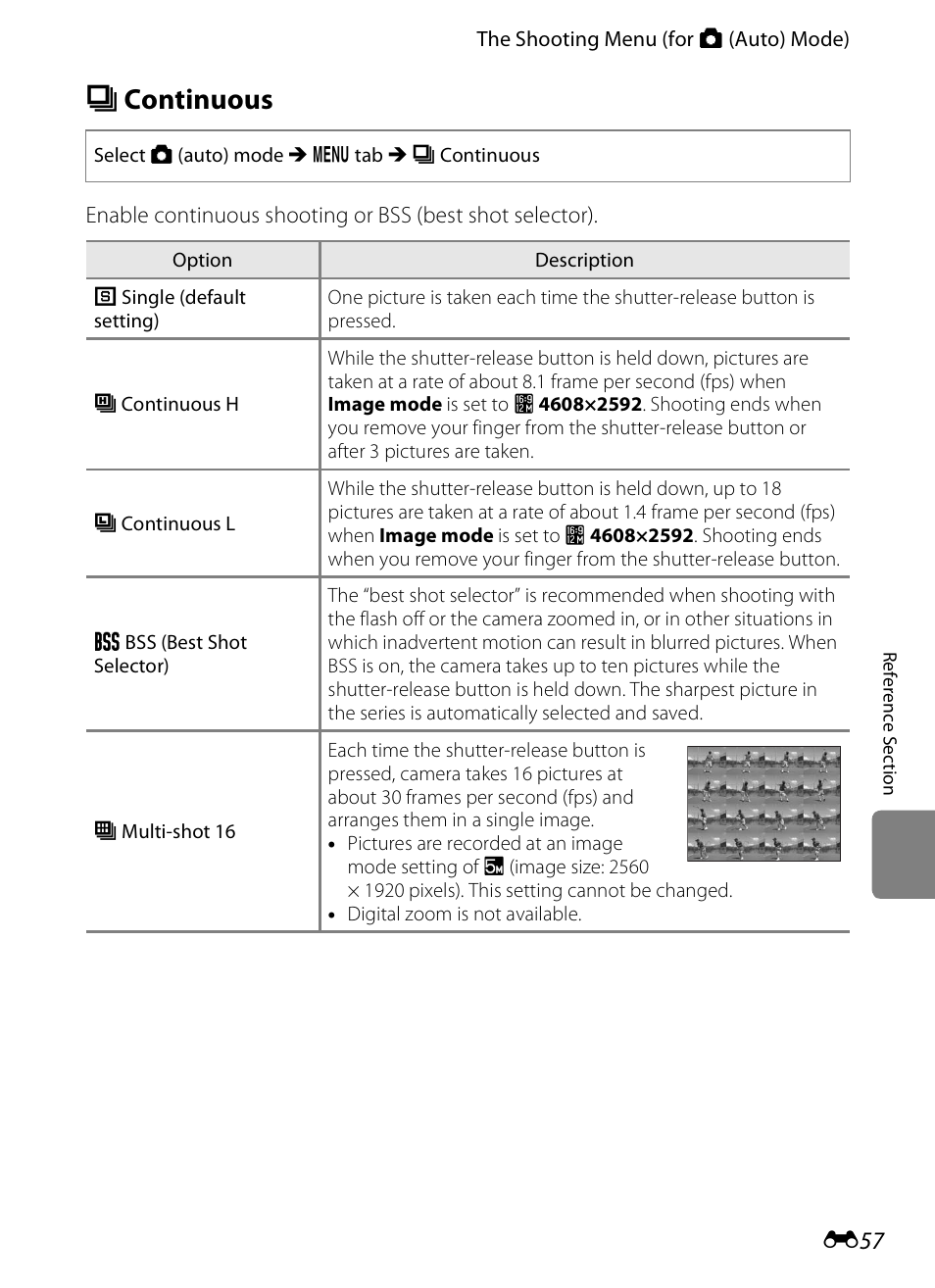 Continuous, V continuous, E 57 | E 57) | COOLPIX by Nikon S100 User Manual | Page 165 / 236