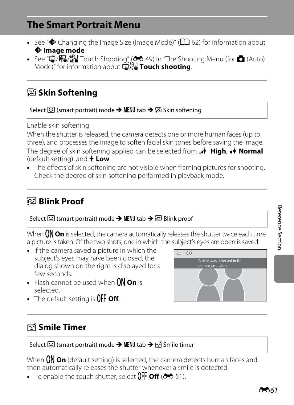 The smart portrait menu, Skin softening, Blink proof | Smile timer, E skin softening, D blink proof, A smile timer, E 61 | COOLPIX by Nikon S100 User Manual | Page 169 / 236