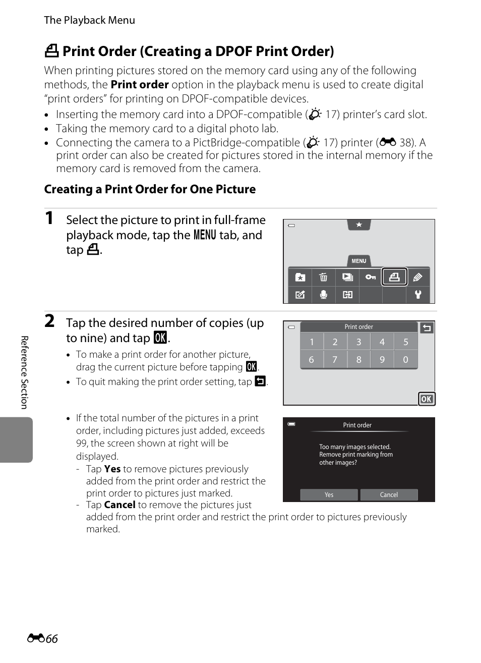 Print order (creating a dpof print order), A print order (creating a dpof print order), E 66 | E 66), E 66) t, Creating a print order for one picture | COOLPIX by Nikon S100 User Manual | Page 174 / 236