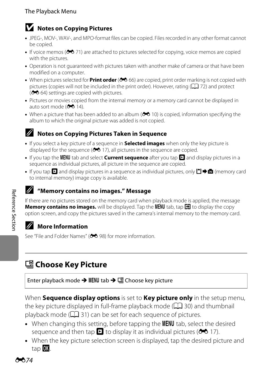 Choose key picture, X choose key picture, E 74) | COOLPIX by Nikon S100 User Manual | Page 182 / 236