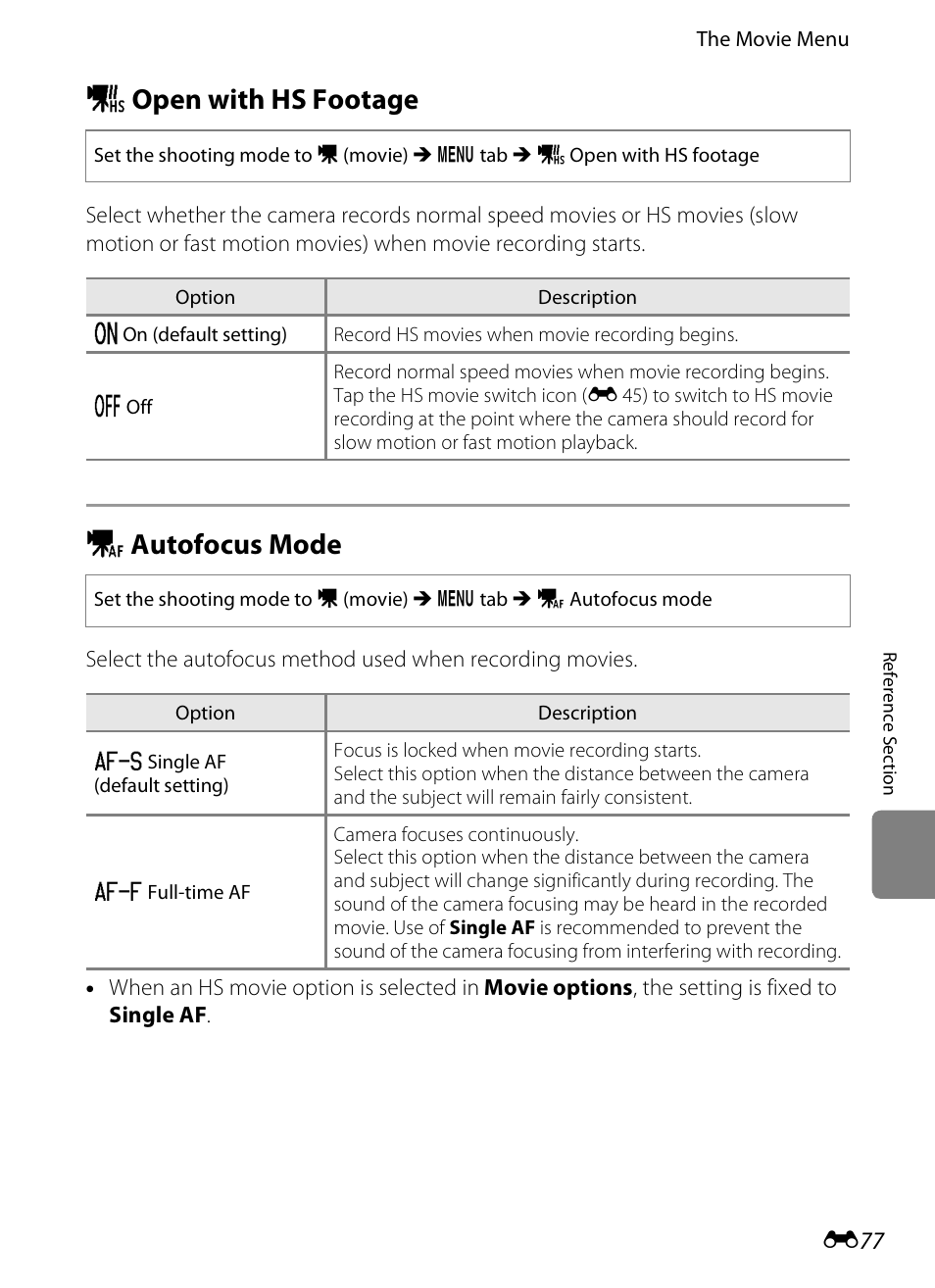 Open with hs footage, Autofocus mode, Y open with hs footage | Z autofocus mode, E 77 | COOLPIX by Nikon S100 User Manual | Page 185 / 236