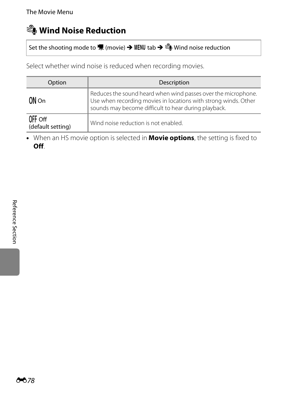 Wind noise reduction, Y wind noise reduction, E 78 | COOLPIX by Nikon S100 User Manual | Page 186 / 236