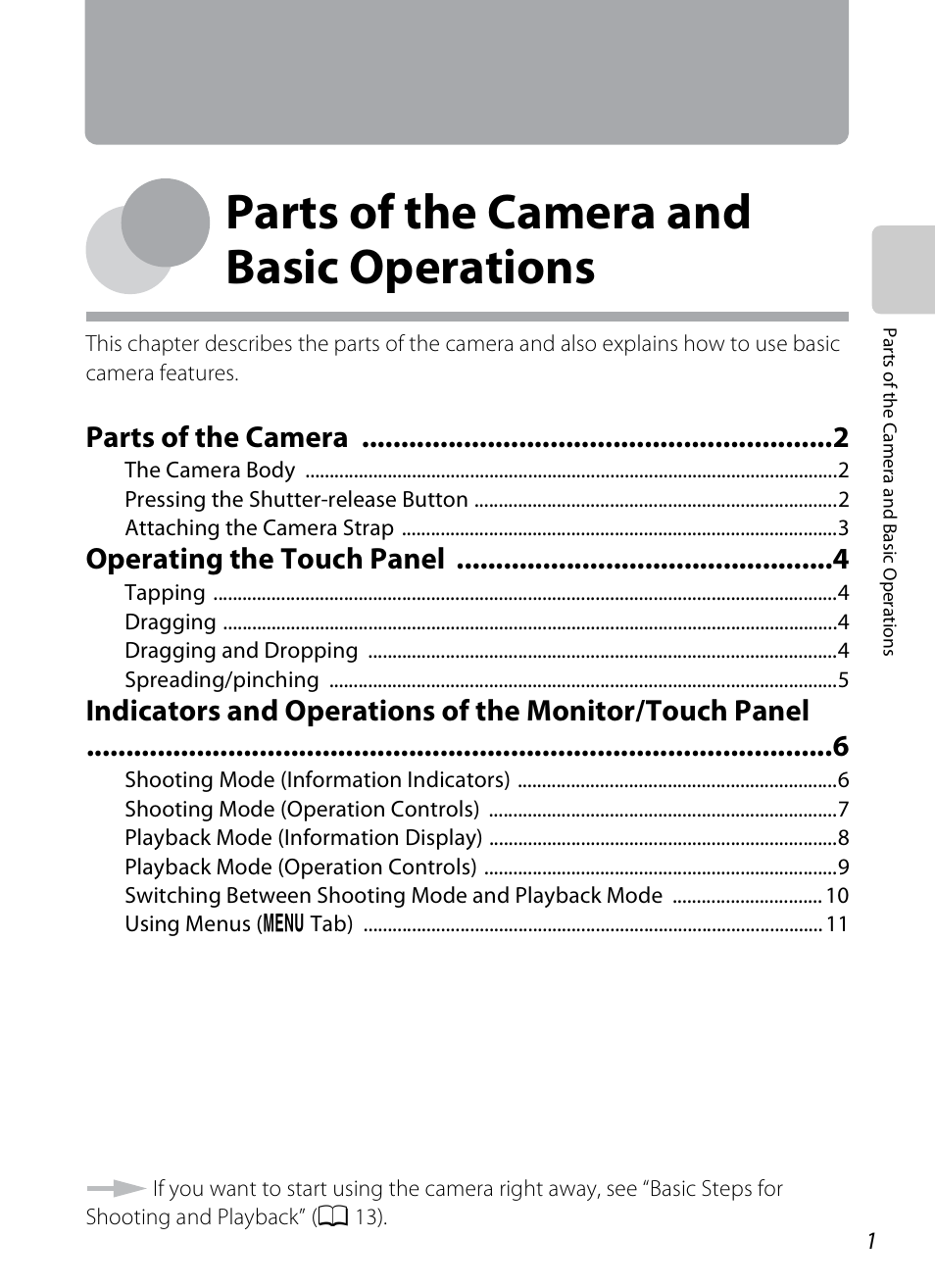 Parts of the camera and basic operations, E “parts of the camera and basic operations, A 1) | Parts of the camera, Operating the touch panel | COOLPIX by Nikon S100 User Manual | Page 19 / 236