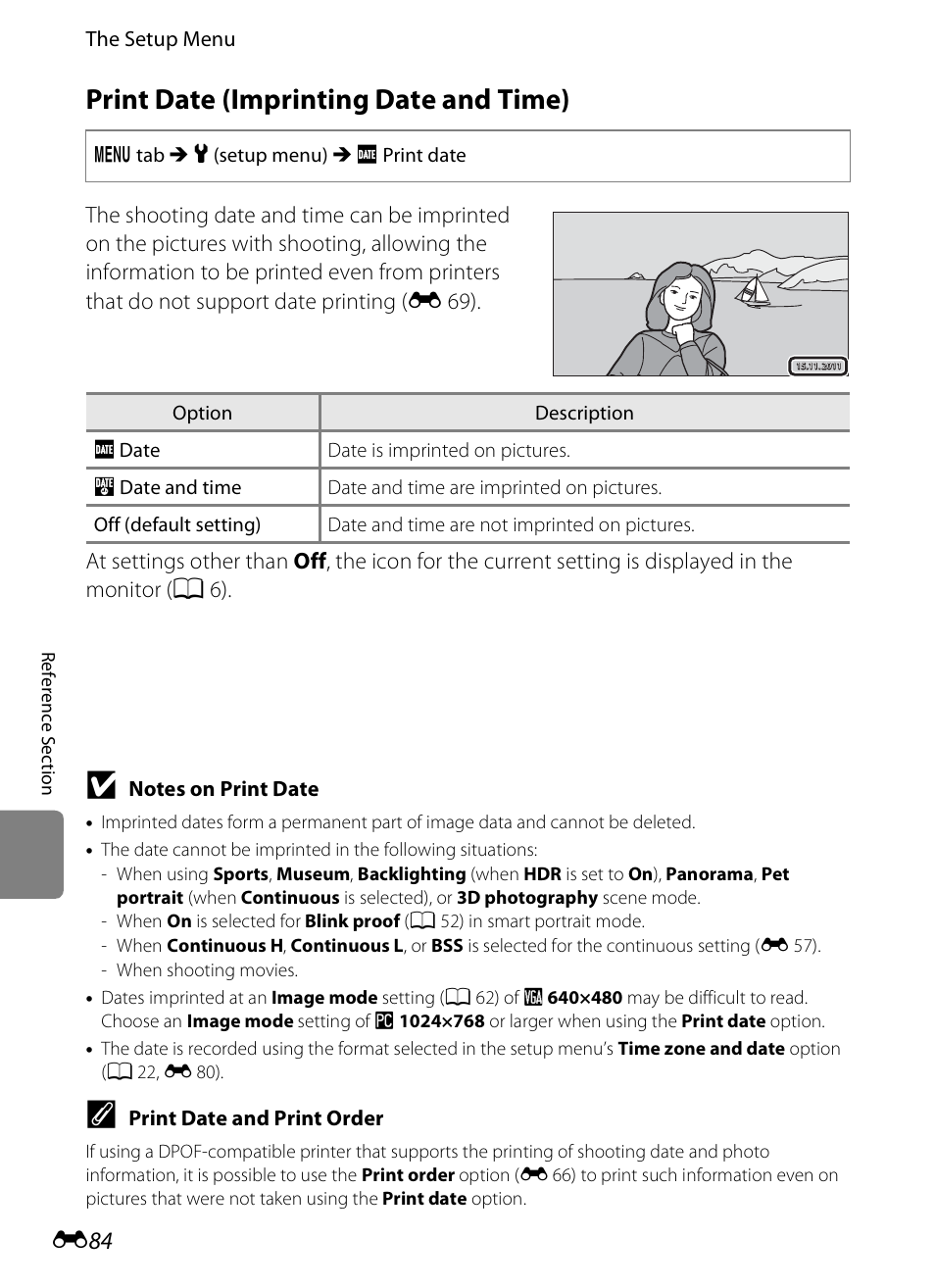 Print date (imprinting date and time), E 84, E 84) | COOLPIX by Nikon S100 User Manual | Page 192 / 236