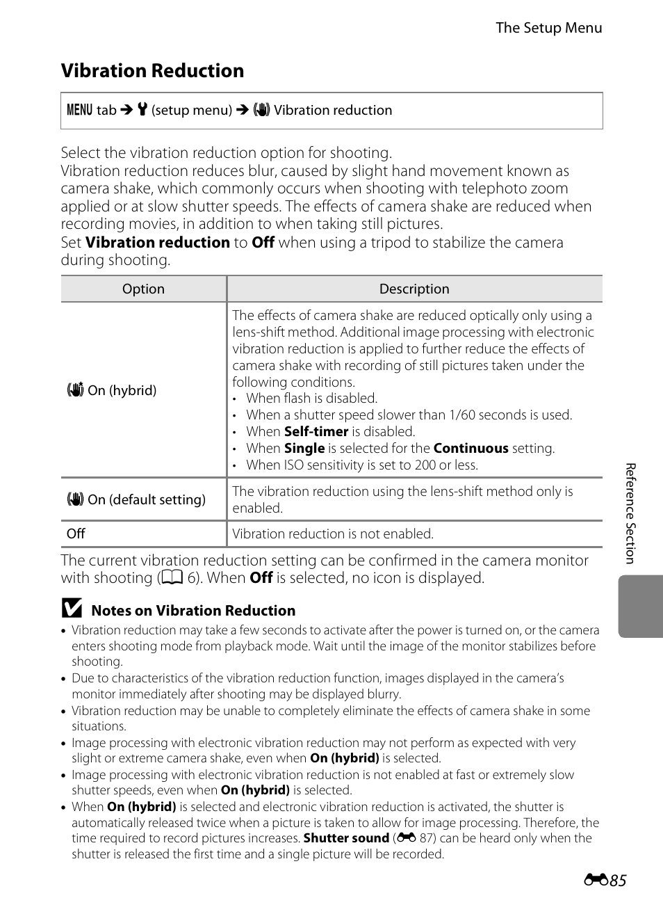 Vibration reduction, E 85 | COOLPIX by Nikon S100 User Manual | Page 193 / 236