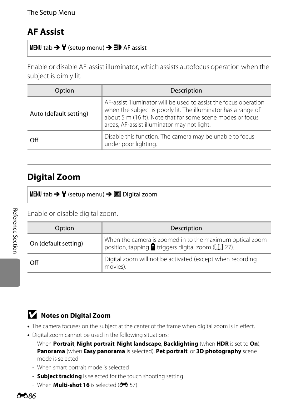 Af assist, Digital zoom, E 86 | COOLPIX by Nikon S100 User Manual | Page 194 / 236