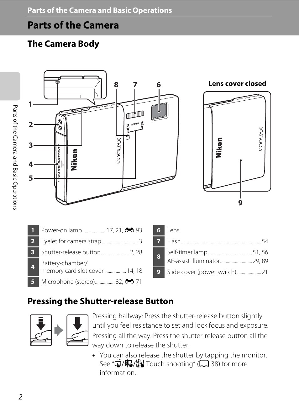 Parts of the camera, The camera body, Pressing the shutter-release button | 2 pressing the shutter-release button | COOLPIX by Nikon S100 User Manual | Page 20 / 236