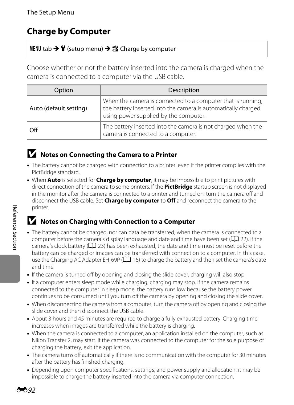 Charge by computer, E 92, Tion | COOLPIX by Nikon S100 User Manual | Page 200 / 236