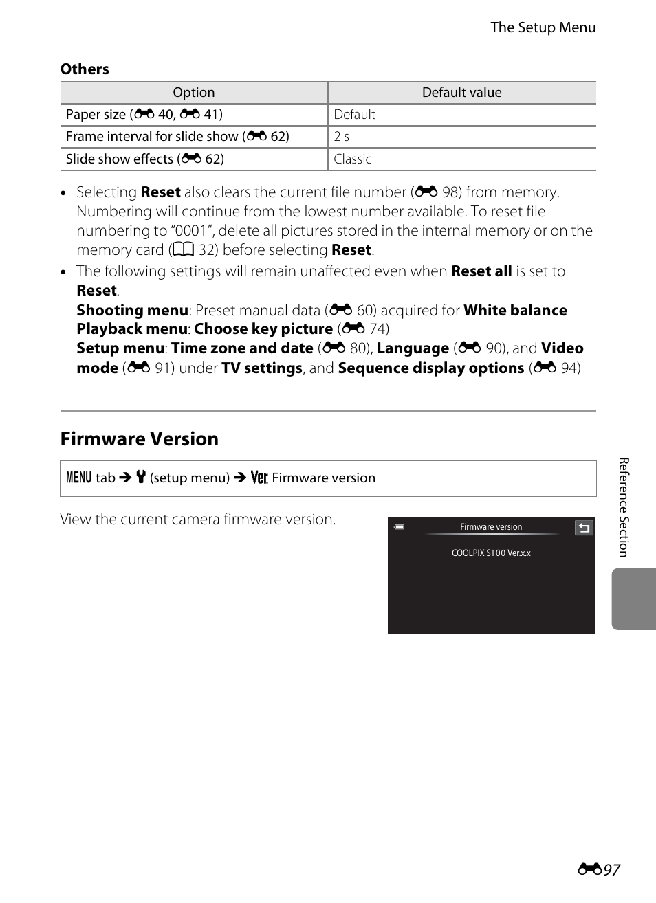 Firmware version, E 97 | COOLPIX by Nikon S100 User Manual | Page 205 / 236