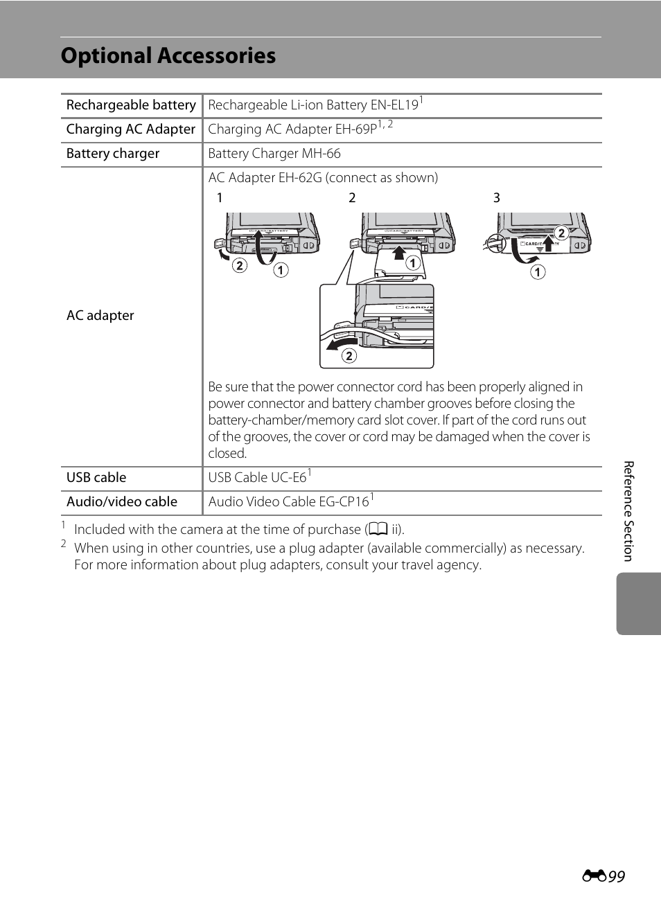 Optional accessories, E 99, E 99) | E 99) is | COOLPIX by Nikon S100 User Manual | Page 207 / 236