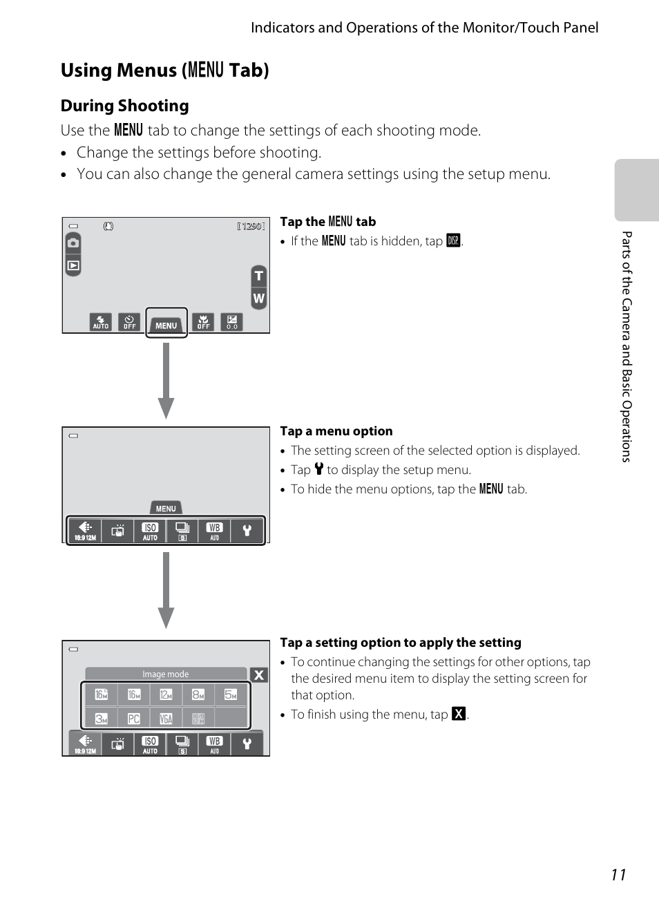 Using menus (menu tab), Using menus, D tab) | A 11), A 11, Using menus ( d tab), During shooting | COOLPIX by Nikon S100 User Manual | Page 29 / 236