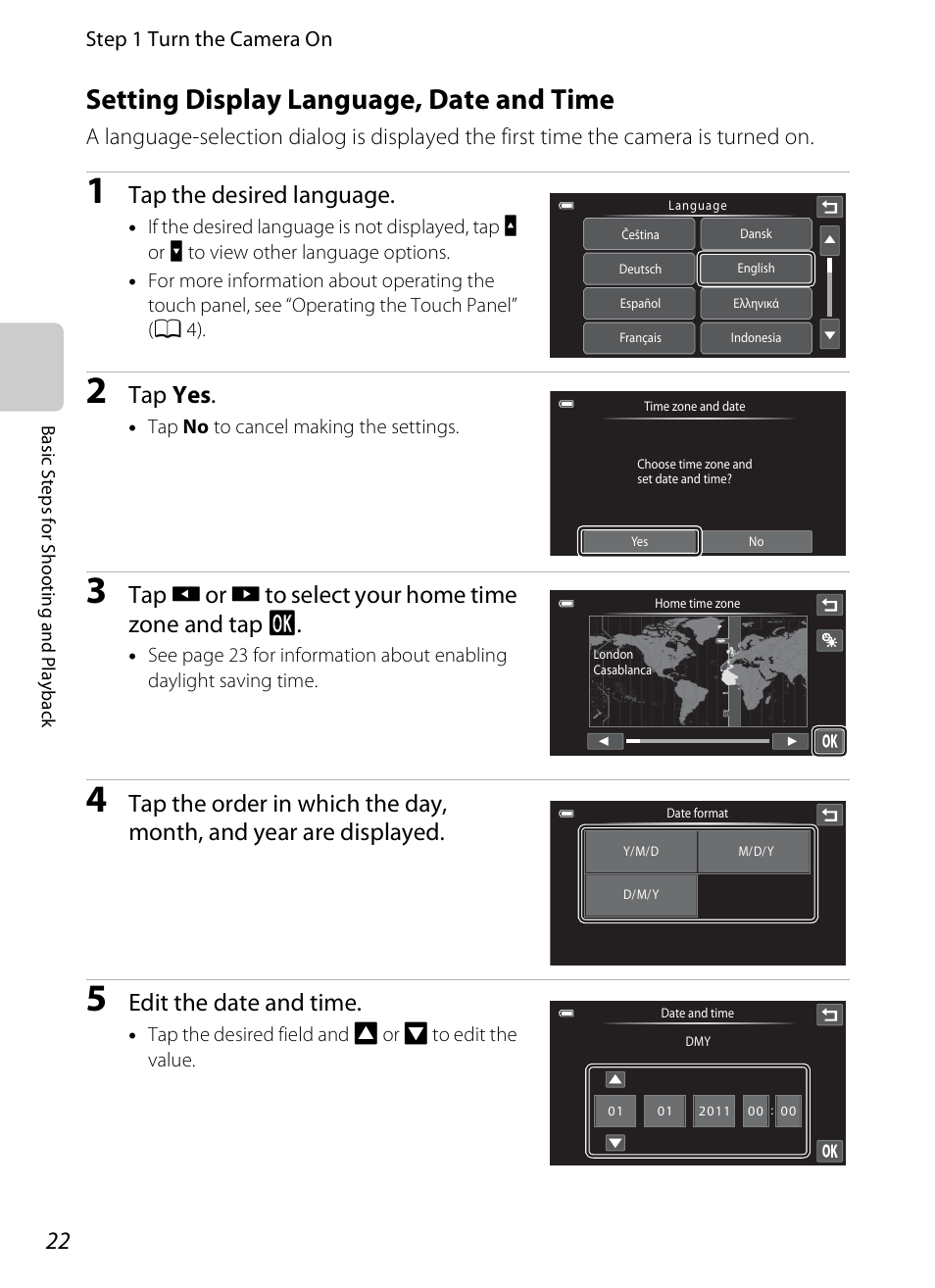 Setting display language, date and time, Tap the desired language, Tap yes | Tap e or f to select your home time zone and tap i, Edit the date and time | COOLPIX by Nikon S100 User Manual | Page 40 / 236