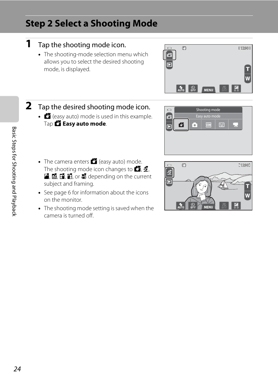 Step 2 select a shooting mode, Tap the shooting mode icon, Tap the desired shooting mode icon | COOLPIX by Nikon S100 User Manual | Page 42 / 236