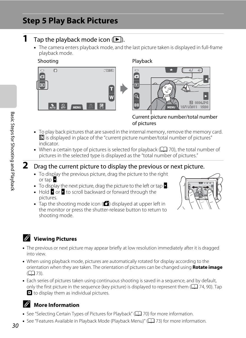 Step 5 play back pictures, A 30), Tap the playback mode icon ( c) | COOLPIX by Nikon S100 User Manual | Page 48 / 236