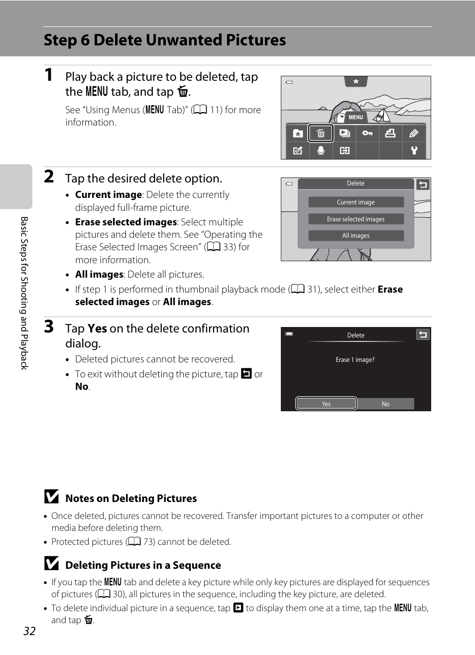 Step 6 delete unwanted pictures, Tap the desired delete option, Tap yes on the delete confirmation dialog | COOLPIX by Nikon S100 User Manual | Page 50 / 236