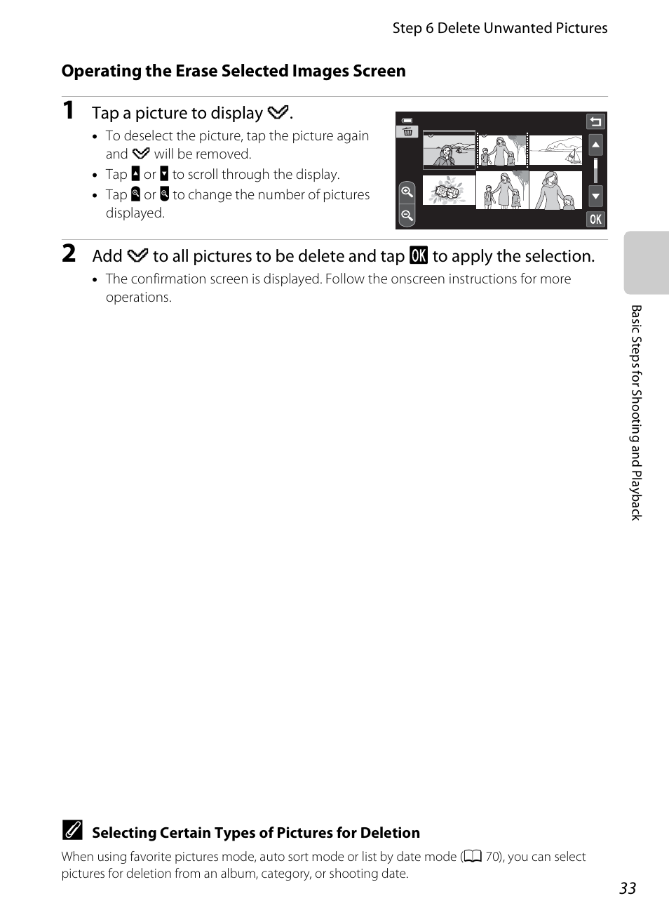 E “operating the erase selected images screen, A 33) | COOLPIX by Nikon S100 User Manual | Page 51 / 236