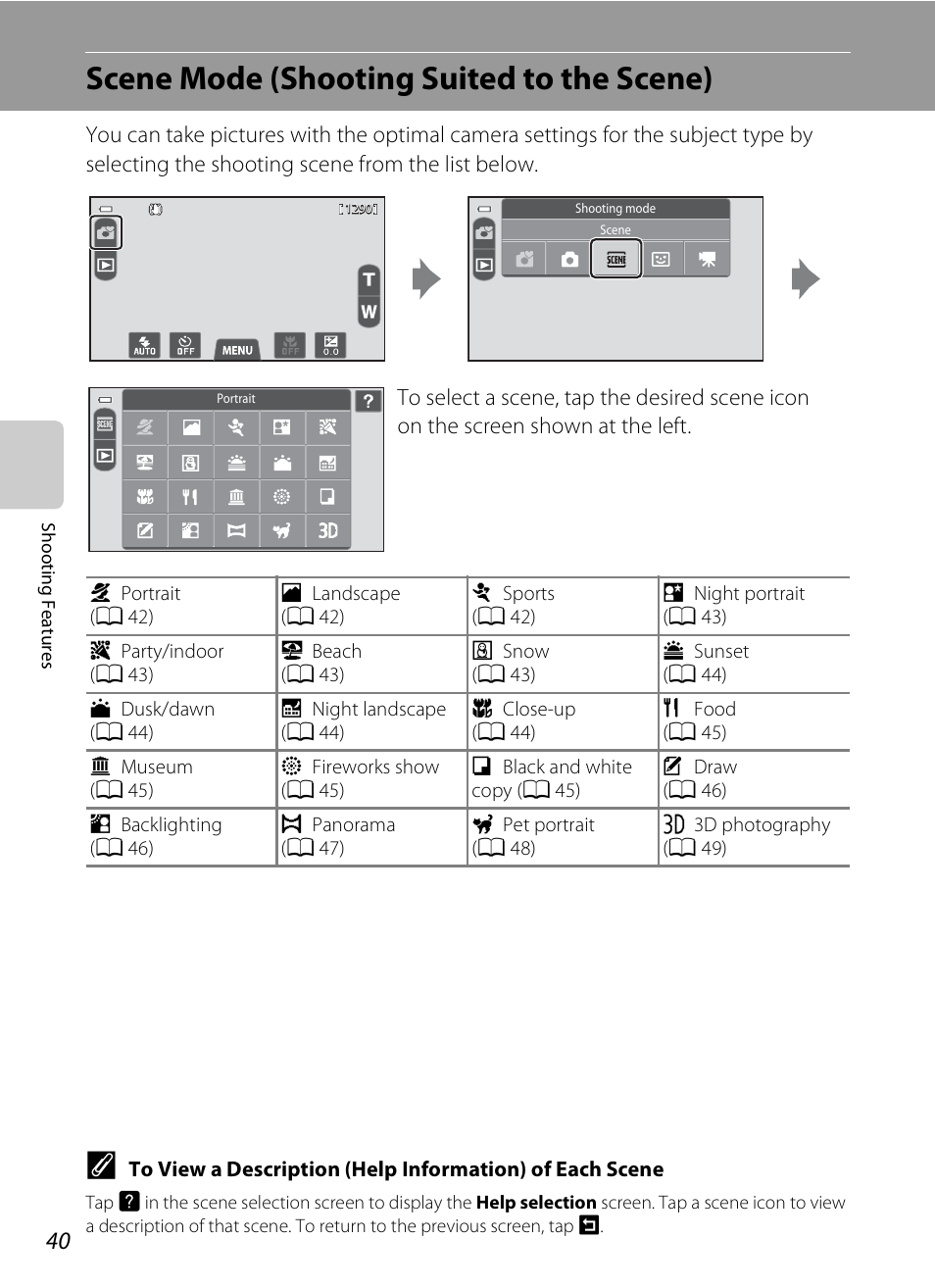 Scene mode (shooting suited to the scene), A 40 | COOLPIX by Nikon S100 User Manual | Page 58 / 236