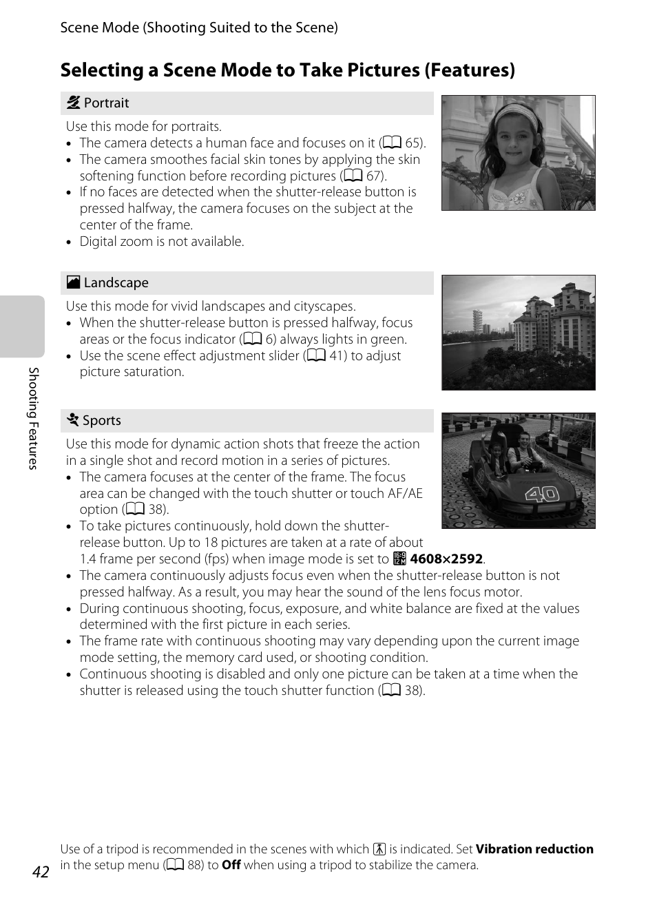 Selecting a scene mode to take pictures (features), A 42), A 42 | COOLPIX by Nikon S100 User Manual | Page 60 / 236