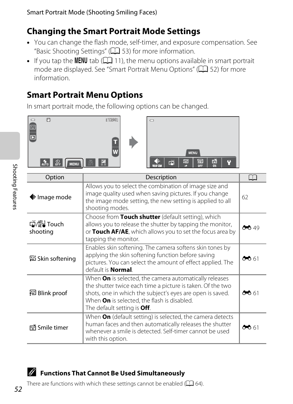 Changing the smart portrait mode settings, Smart portrait menu options, A 52 | A 52) | COOLPIX by Nikon S100 User Manual | Page 70 / 236