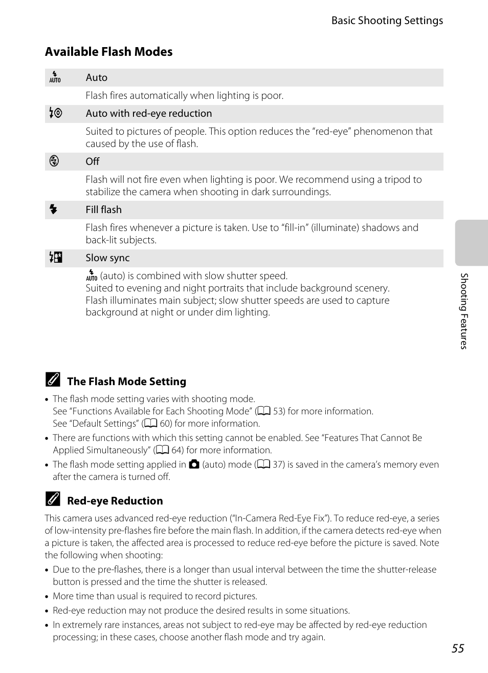 A 55), Available flash modes | COOLPIX by Nikon S100 User Manual | Page 73 / 236