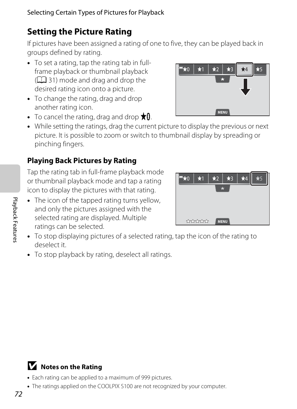 Setting the picture rating, A 72), Playing back pictures by rating | COOLPIX by Nikon S100 User Manual | Page 90 / 236