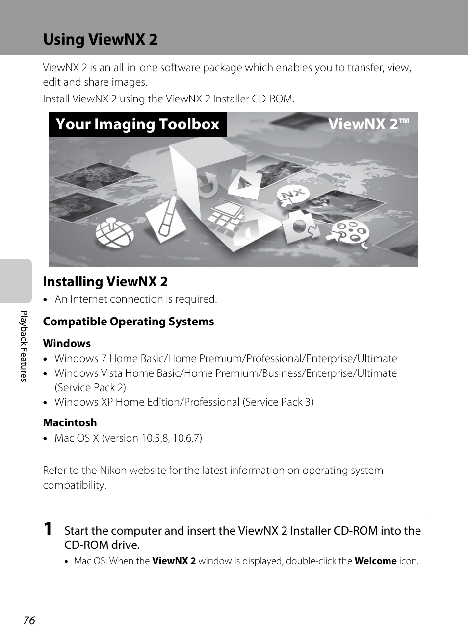 Using viewnx 2, Installing viewnx 2, A 76 | Your imaging toolbox viewnx 2 | COOLPIX by Nikon S100 User Manual | Page 94 / 236