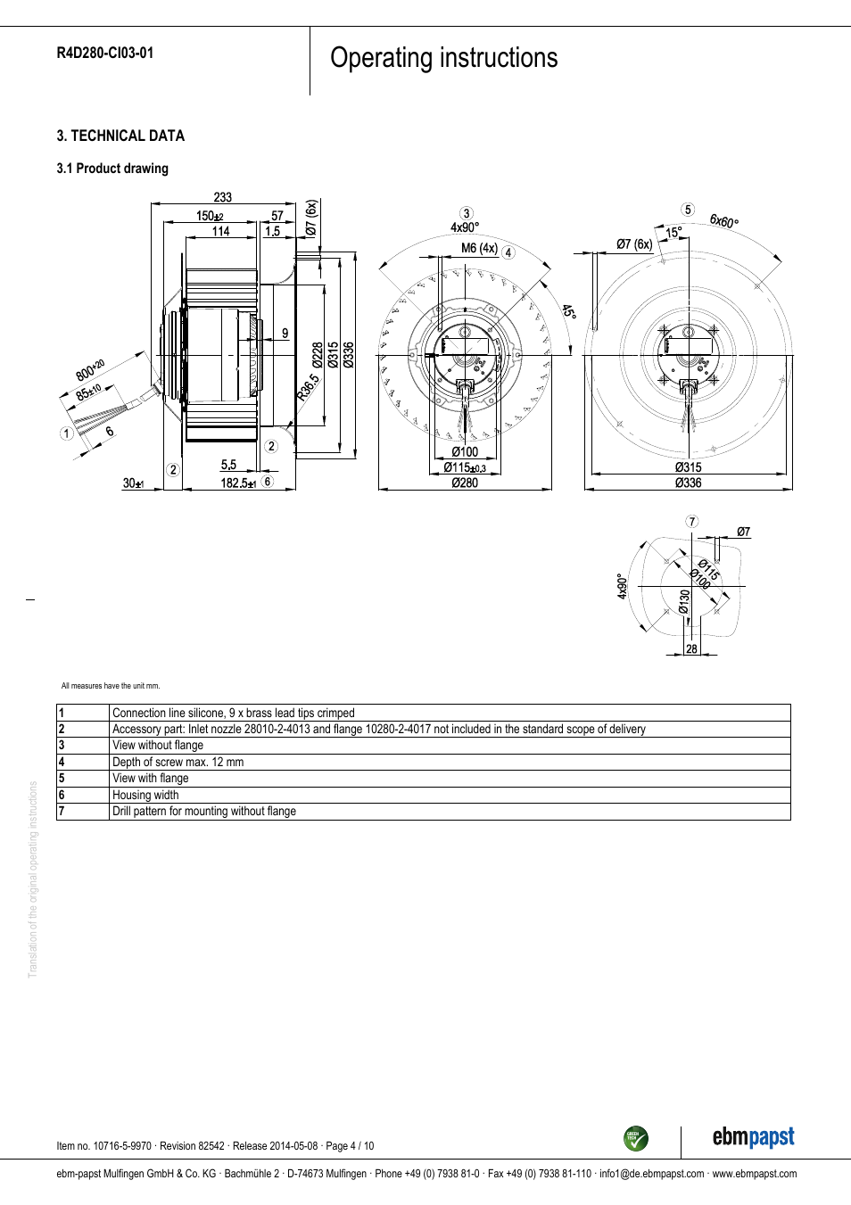 Operating instructions | ebm-papst R4D280-CI03-01 User Manual | Page 4 / 10