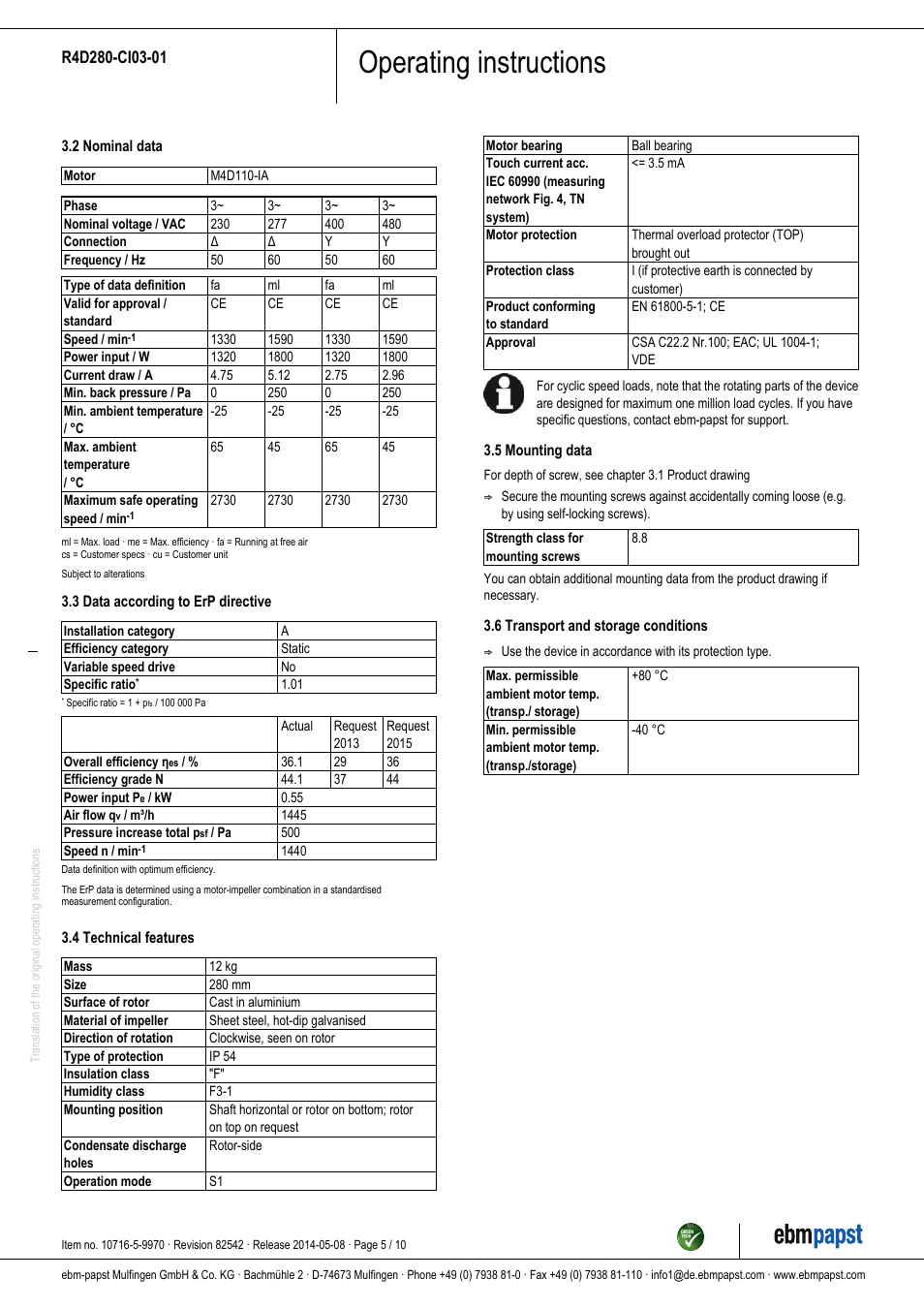 Operating instructions | ebm-papst R4D280-CI03-01 User Manual | Page 5 / 10