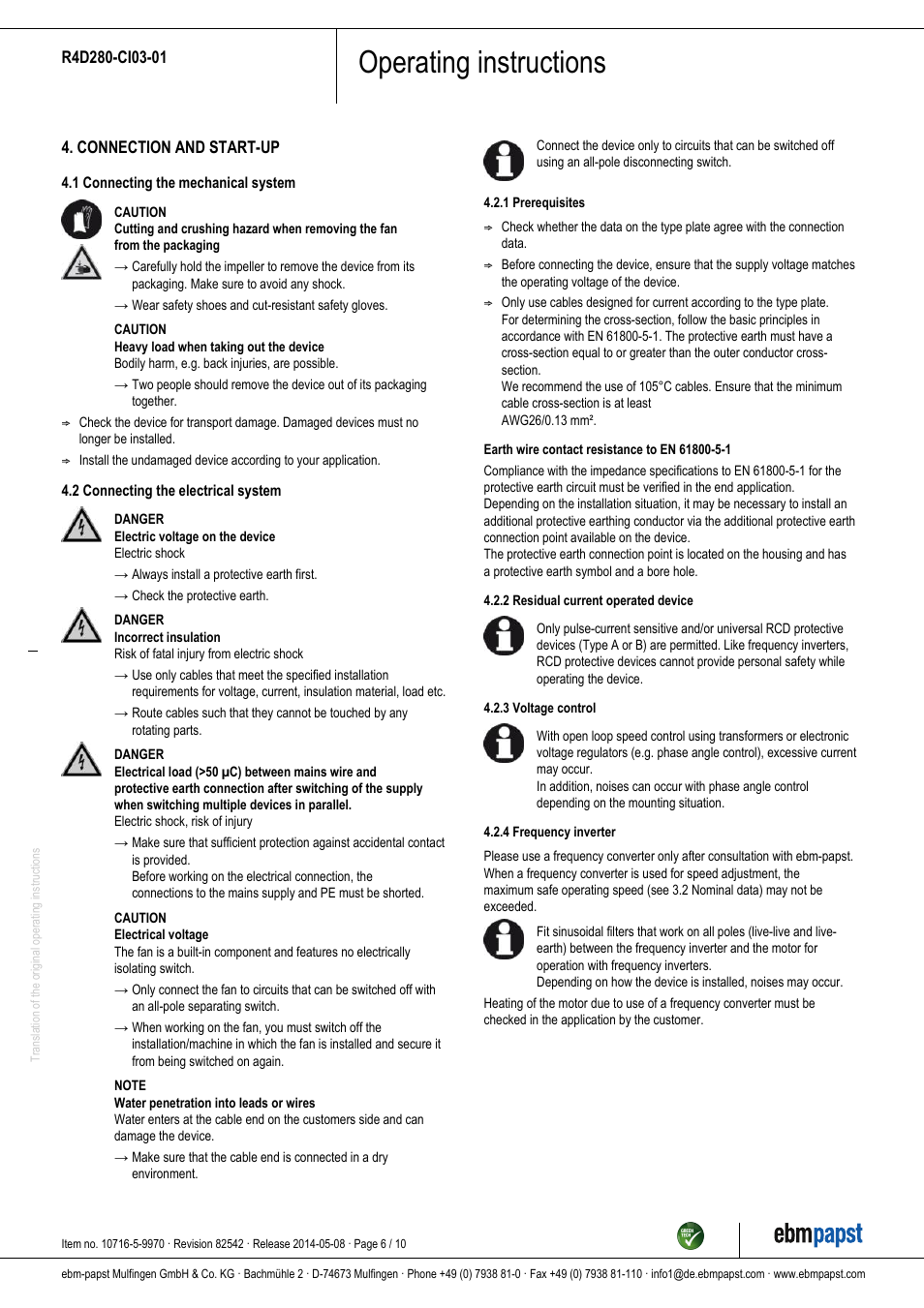 Operating instructions | ebm-papst R4D280-CI03-01 User Manual | Page 6 / 10