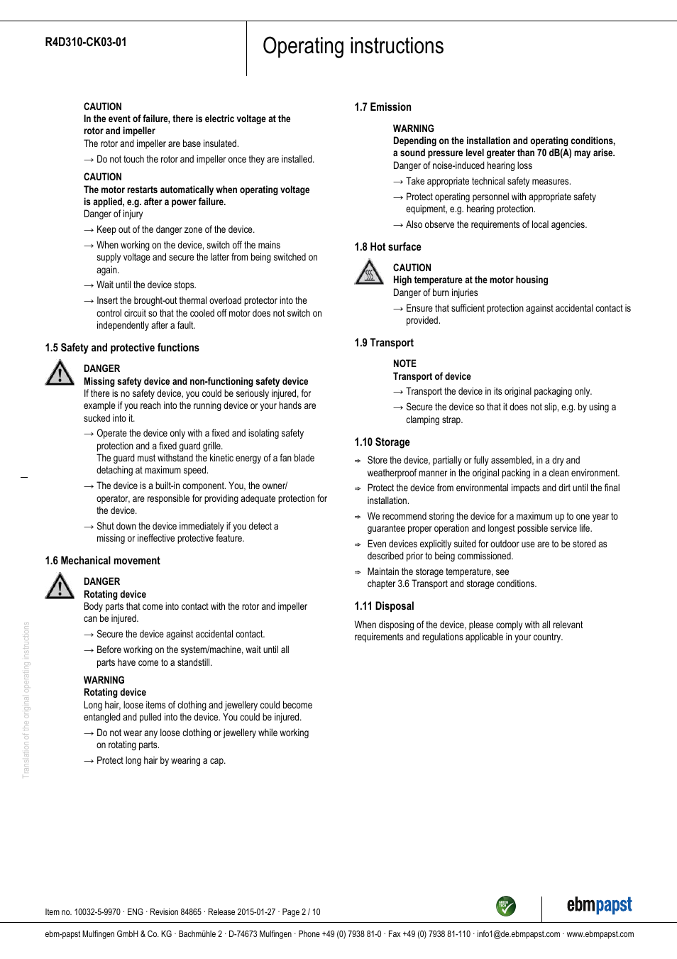 Operating instructions | ebm-papst R4D310-CK03-01 User Manual | Page 2 / 10