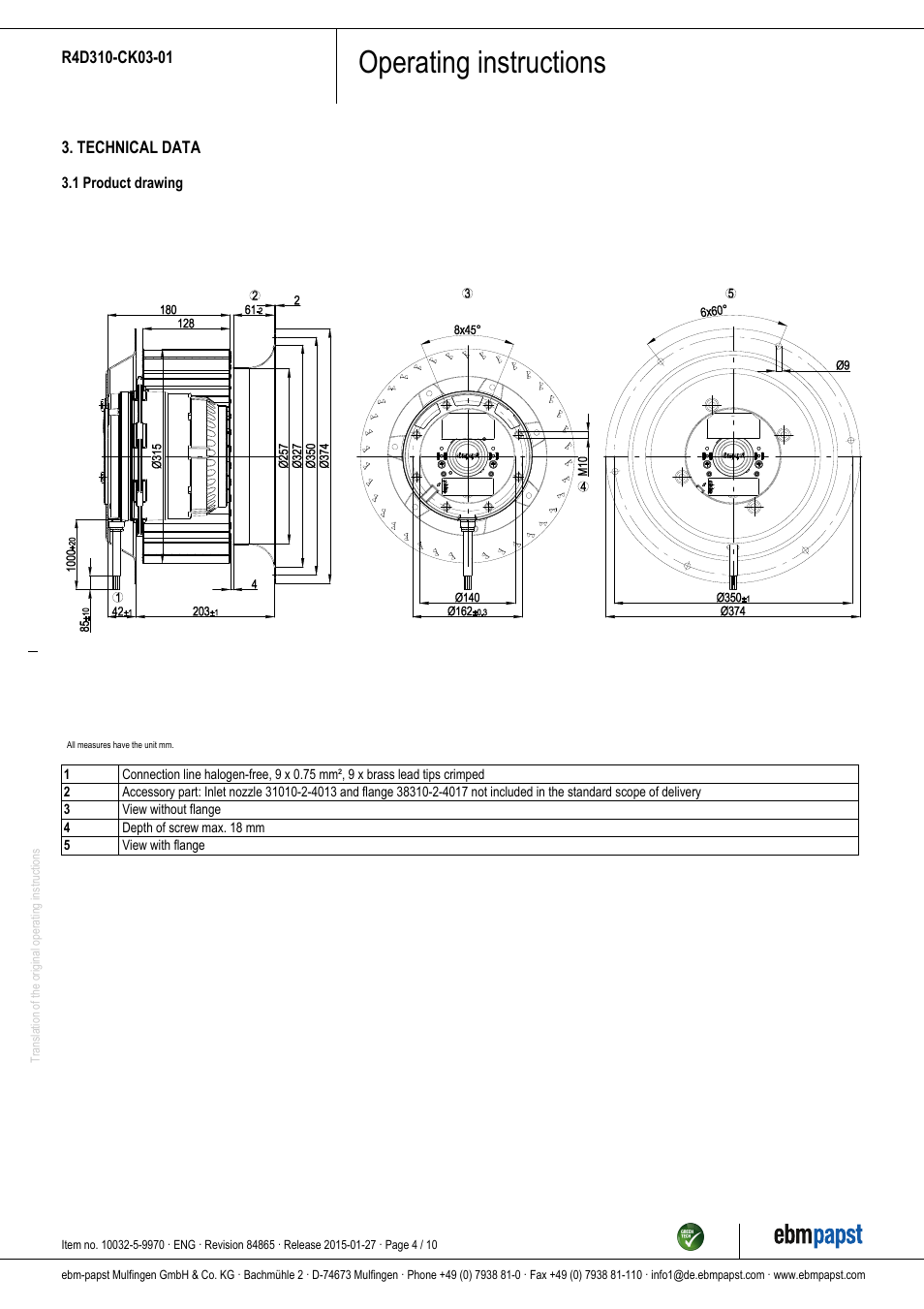 Operating instructions | ebm-papst R4D310-CK03-01 User Manual | Page 4 / 10