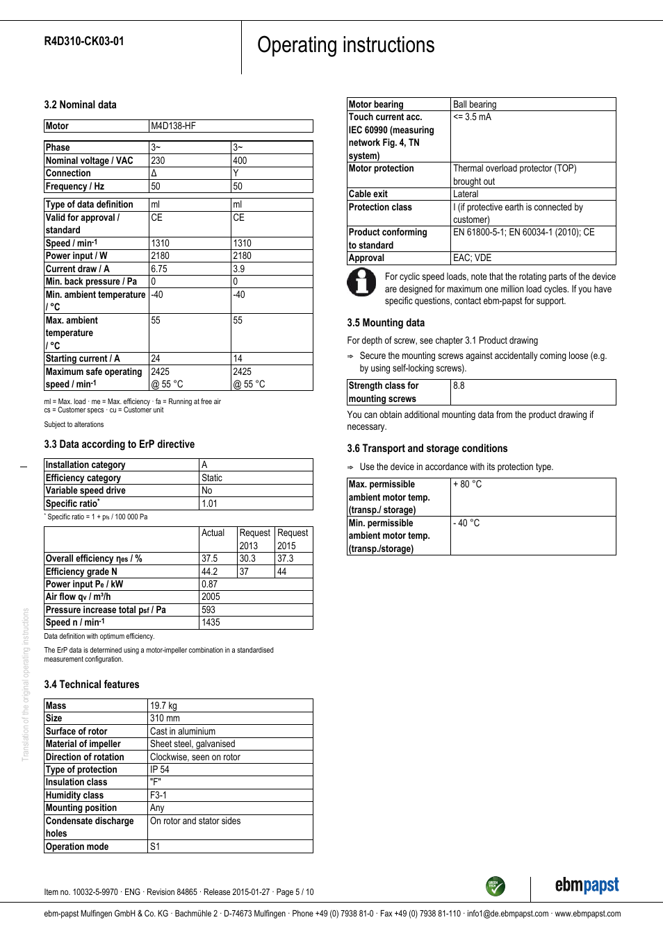 Operating instructions | ebm-papst R4D310-CK03-01 User Manual | Page 5 / 10