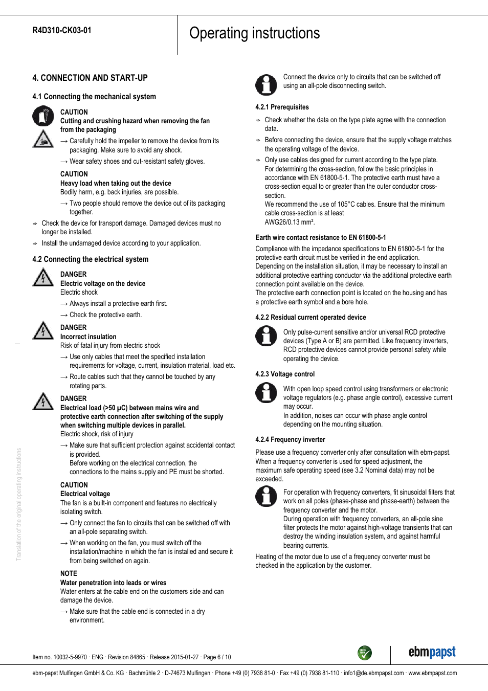 Operating instructions | ebm-papst R4D310-CK03-01 User Manual | Page 6 / 10